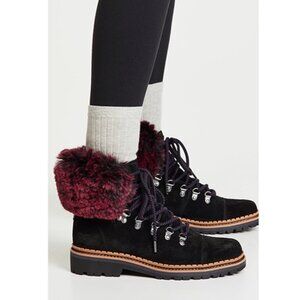 Sam Edelman Bowen Black Suede Pink Faux Fur Boots Moto Hiking Size 6.5